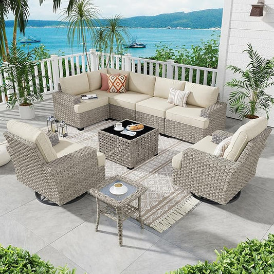 ovios 9 Piece Patio Sectional Furniture with Swivel Rocking Chairs, Rattan Wicker Coversation Set with Glowing Coffee Table, Outdoor Sofa Set for Outside Porch Balcony Backyard Pool,Beige