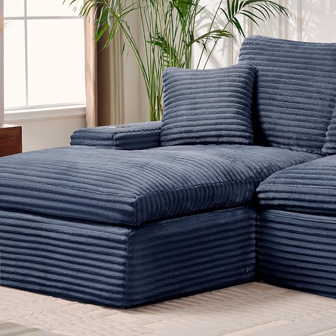 Cloud Compressed Modular Sectional Sofa, Comfy Corduroy Boneless Couch for Living Room, Modern L-Shaped Corner Couch with Cupholders and Extra Wide Chaise Lounge | Deep Seat, 11" Wider Armrest, Side Pockets, High-Resilience Foam, No Assembly Required