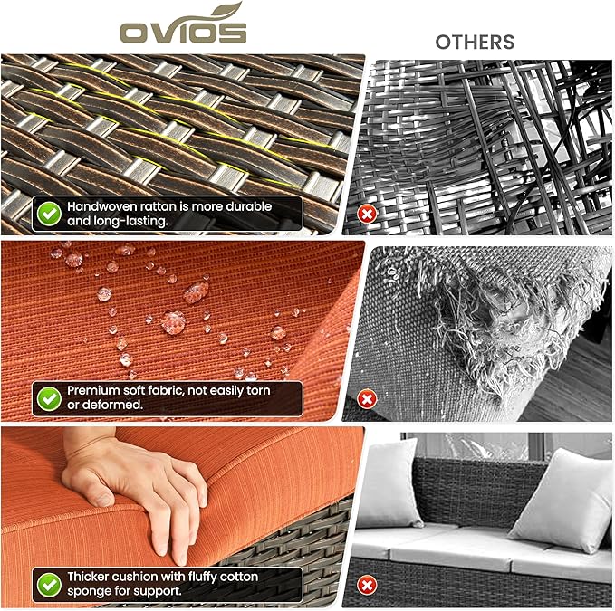 ovios 6-Piece Patio Furniture Set with Swivel Chairs Coffee Table, Outdoor Wicker Sofa with Comfy Cushions, High Back Couch Modern Conversation Sets, Brown/Orange Red