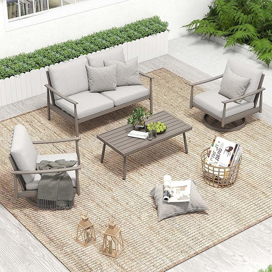 HAPPATIO Patio Outdoor Furniture Set - 4 Piece Aluminum Patio Conversation Set with 1 Coffee Table, 2 Swivel Chairs and 1 Loveseat, Aluminum Outdoor Furniture Set for Backyard Deck Poolside (Grey)