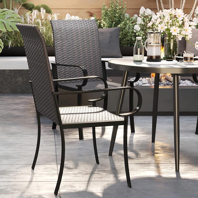 Outsunny Set of 4 Outdoor Wicker Dining Chairs, All-Weather Rattan Armchairs with Armrests, Steel Frame, Highback and Deep Seating, for Garden, Patio, Deck, Yard, Poolside, Brown - Image 9