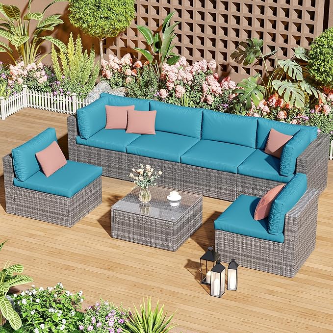 7-Piece Modular Patio Furniture Set, Wicker Outdoor Sectional Sofa with Cushions and Coffee Table, All Weather Patio Conversation Sets for Porch Balcony Backyard, Light Blue
