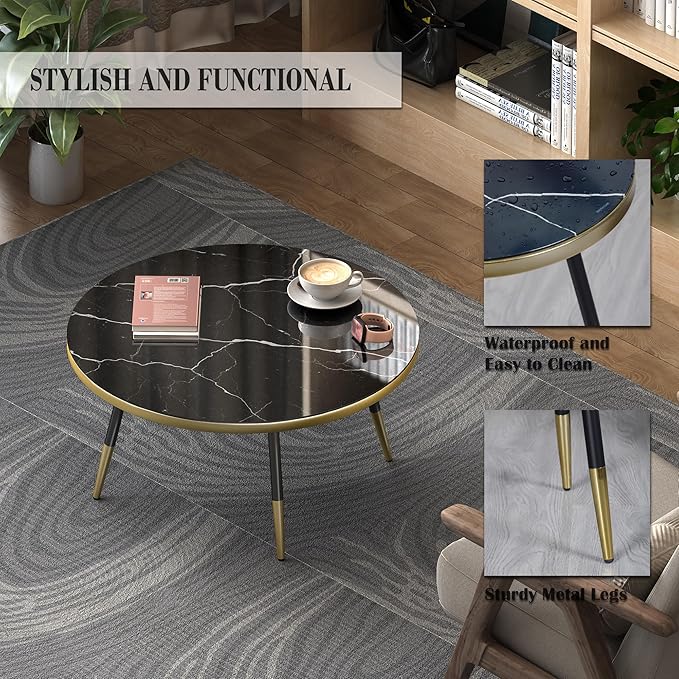 Round Coffee Table, Black Coffee Table for Living Room, Balcony 31.5" x 15.8" Space-Saving Black Marble-Textured Top, Sturdy Metal Frame with Black & Gold Finish | Premium Baked Paint, Easy Assembly