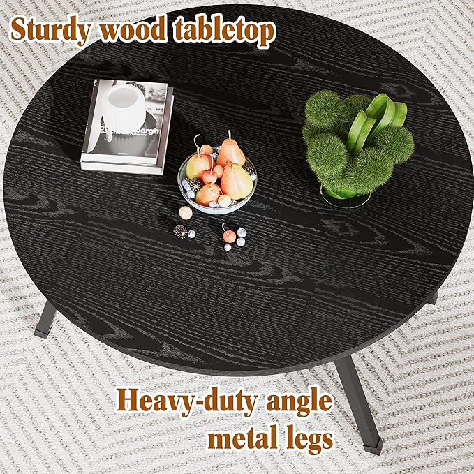 Round Folding Coffee Table for Small Spaces, Foldable Small Coffee Table Portable Sturdy, Easy Assembly Mid Century Low Wood Tables for Living Room, Home, Office, Black