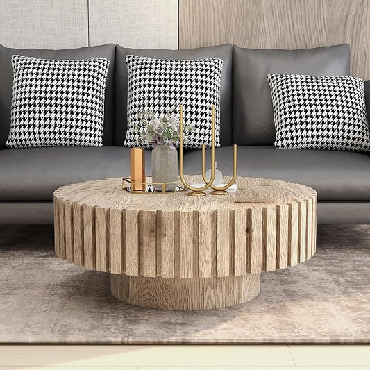 Round Coffee Table, 31.5" Circle Wood Center Table with Pedestal, Wood Coffee Tables for Living Room, Small Space, Office, Apartment, Easy Assembly, Wooden Color