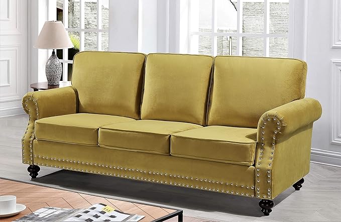Lotus Mid Century Modern Velvet Upholstered Living Room Rolled Arms, Chair, Loveseat and Sofa, Strong Yellow