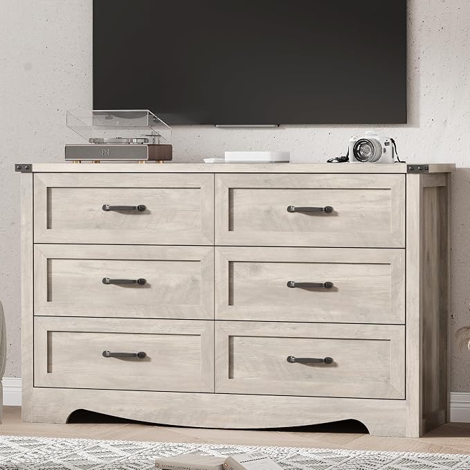 Dresser for Bedroom with 6 Drawers, 54" Wide Wood Chest of Drawers with Deep Drawers & Mental Handle, Modern Dresser TV Stand, Wooden Closet Storage Organizer for Living Room, Hallway, Entryway, Grey - Image 7