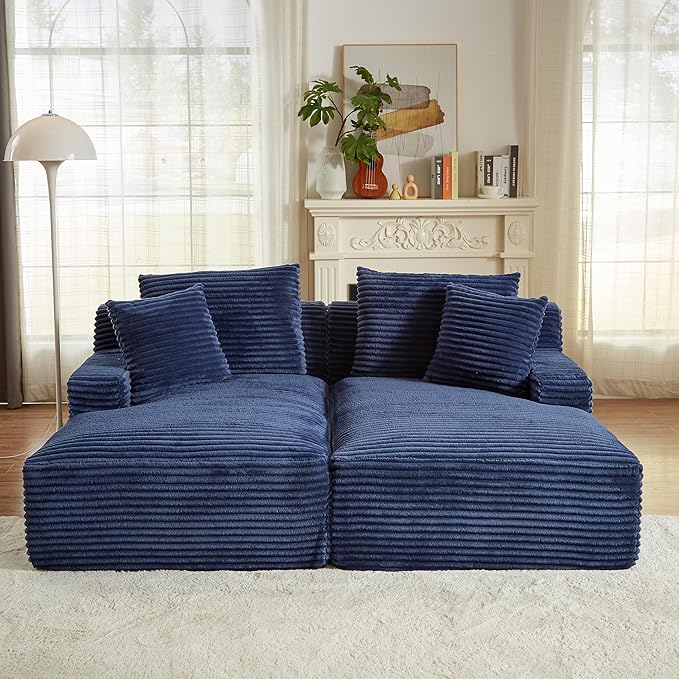 Oversized Double Chaise Lounge Chair Indoor Deep Seat Cloud Couch for Living Room 79" Plush Corduroy Upholstered Boneless Lounge Couch Cozy Sofabed with Throw Pillows and Wide Armrest for Home Office
