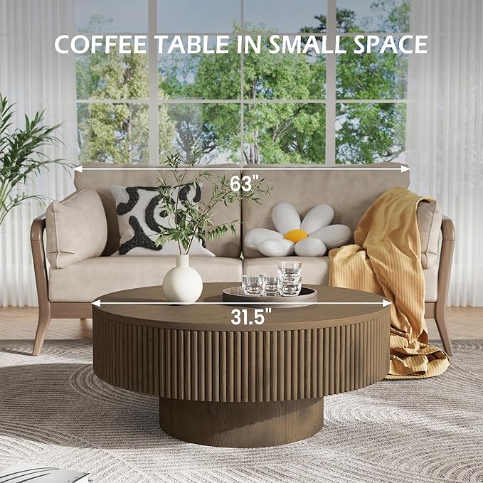 YOUDENOVA 31.5” Round Fluted Coffee Table, Modern Wood Circle Coffee Table, Veneer Handcrafted Relief Tea Table with Sturdy Pedestal for Living Room - Brown