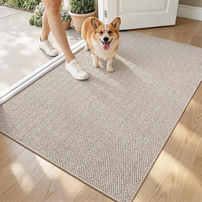LUMI Ultra Thin Indoor Door Mat for Entrance 32"x48", Non Slip Entryway Mat, Low Profile Doormat, Unique Herringbone Design Carpet for Inside, Patio, Porch, Beige by LUMI