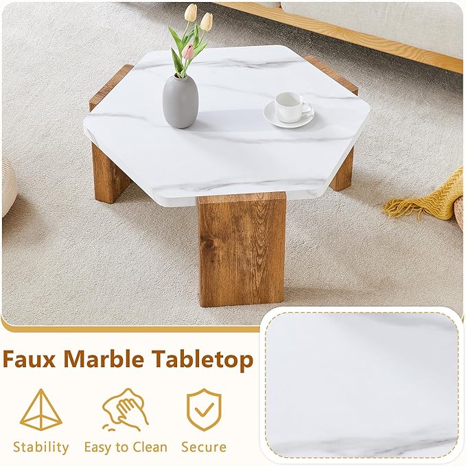 31 inch Modern Coffee Table Small Hexagon Marble Top and Wood Legs, Compact Living Room Coffee Table 250lbs Capacity, Quick Assembly Nordic Style