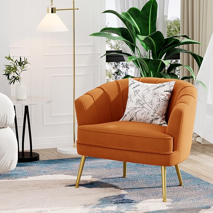 Andeworld Velvet Accent Chair, Upholstered Modern Single Sofa Side Chair,Comfy Barrel Club Living Room Armchair with Golden Metal Legs for Bedroom Living Reading Room Office,Caramel Orange