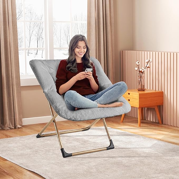 Youtanic Comfy Oversized Saucer Chair, Soft Faux Fur Reading Lounge Chair for Adults, Stable X-Large Metal Frame and Non-Slip Pad, Foldable Cozy Chairs for Bedroom, Living Room, Dorm, Light Gray