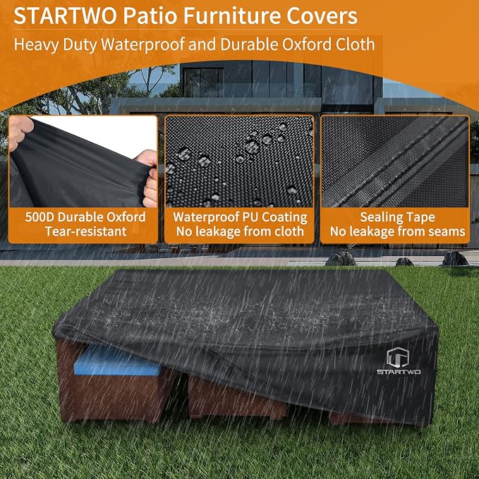 STARTWO Patio Furniture Covers Waterproof, Anti-UV Tear-Resistant 500D Heavy Duty 7-12 Seats Outdoor Furniture Cover for Sectional Sofa, Patio Table Cover, 98"x78"x28", Black - Image 3
