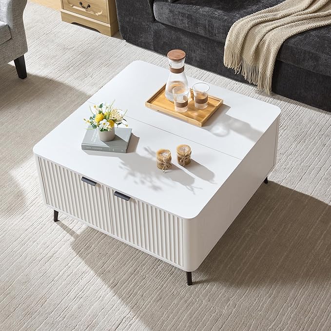 Lift Top Coffee Table with Storage, 35.4" Wide Square White Coffee Table with Large Hidden Compartment, Mid Century Modern Fluted Center Table for Home Living Room
