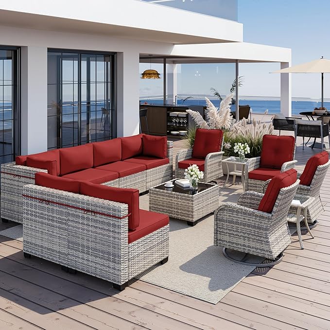 13-Piece Outdoor Patio Furniture Set with Rocking Swivel Chair, Wicker Rattan Sectional Sofa Conversation Set with Tempered Glass Table, Backyard Furniture, Red