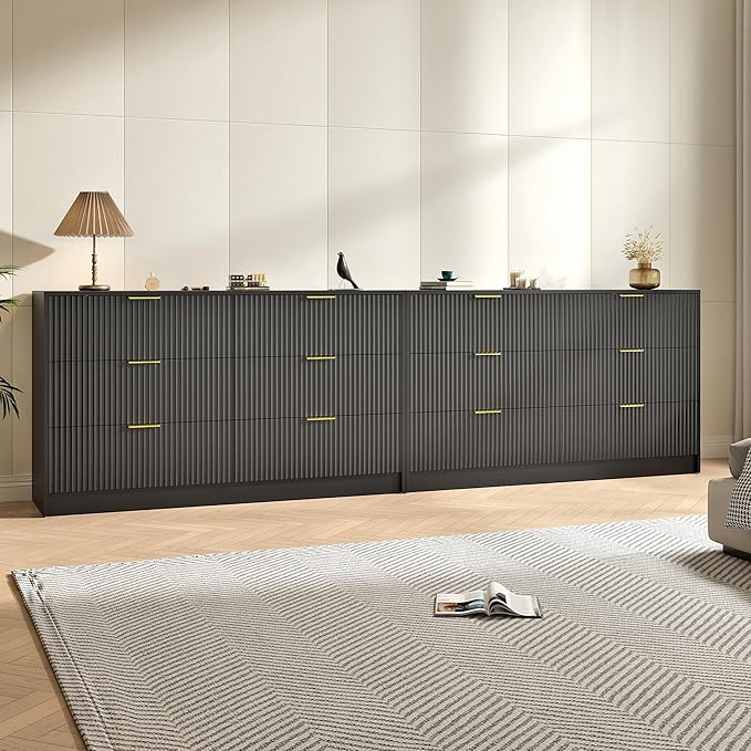 Black Dresser Set of 2, Large Dresser for Bedroom Wooden with 12 Drawers, Fluted Modern Bedroom Furniture Set, TV Stand Dressers & Chests of Drawers for Closet (15.7"D x 110.2"W x 31.8"H)