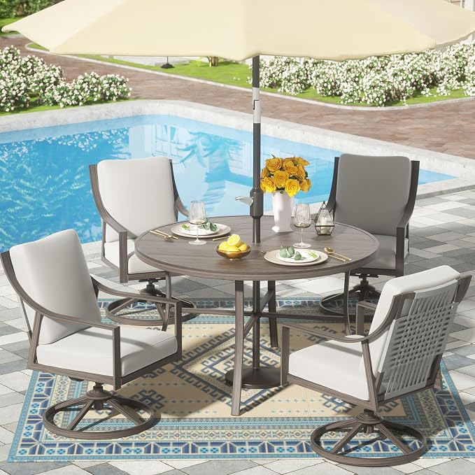 NATURAL EXPRESSIONS 5-Piece Outdoor Patio Dining Set, 4pcs Patio Swivel Rocking Chairs and 38’’ Round Dining Table with 1.65’’ Umbrella Hole by NaturalExpressions