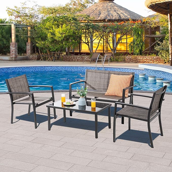 Vongrasig 4-Piece Modern Metal Textilene Patio Furniture Set - Small, Taupe with Loveseat & Glass Table for Lawn, Garden, Porch, Balcony, Backyard (Taupe)
