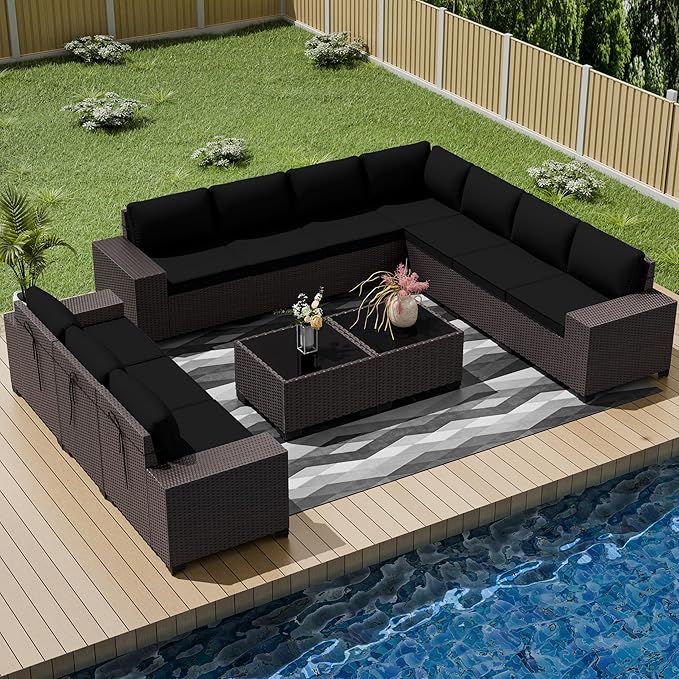 12 PCS Outdoor Patio Furniture Set,Outdoor Sectional Furniture All Weather PE Rattan Wicker Patio Conversation Set with 2 Coffee Tables and 10 Thickened Cushions,Black