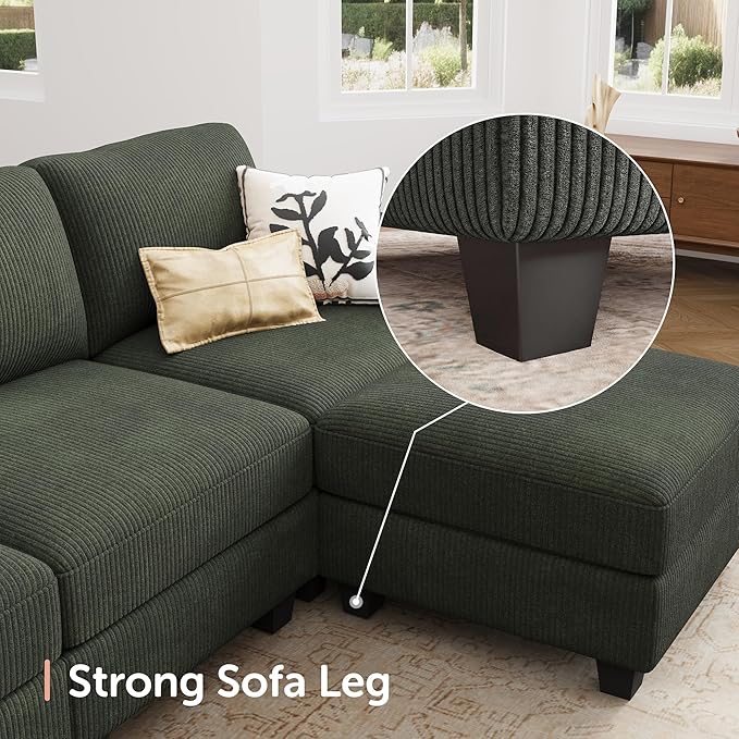 HONBAY Modern Corduroy Ottoman Module Sofa, 28.4 Inch Square Ottoman Bench with Storage, Green