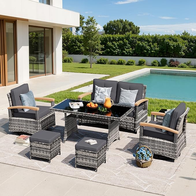 MEISSALIVVE 7 Pieces Patio Furniture Sets, PE Wicker Outdoor Conversation Sets with 2 Wood Armrests Swivel Rocker Chairs, 2 Ottomans, 2-seat Sofa and Dining Table (Grey)
