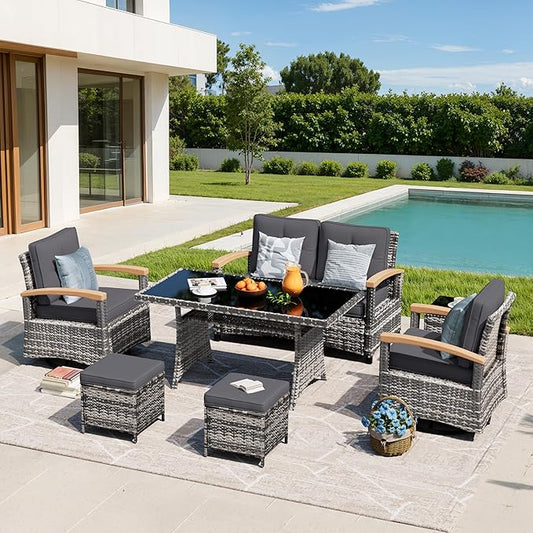MEISSALIVVE 7 Pieces Patio Furniture Sets, PE Wicker Outdoor Conversation Sets with 2 Wood Armrests Swivel Rocker Chairs, 2 Ottomans, 2-seat Sofa and Dining Table (Grey)