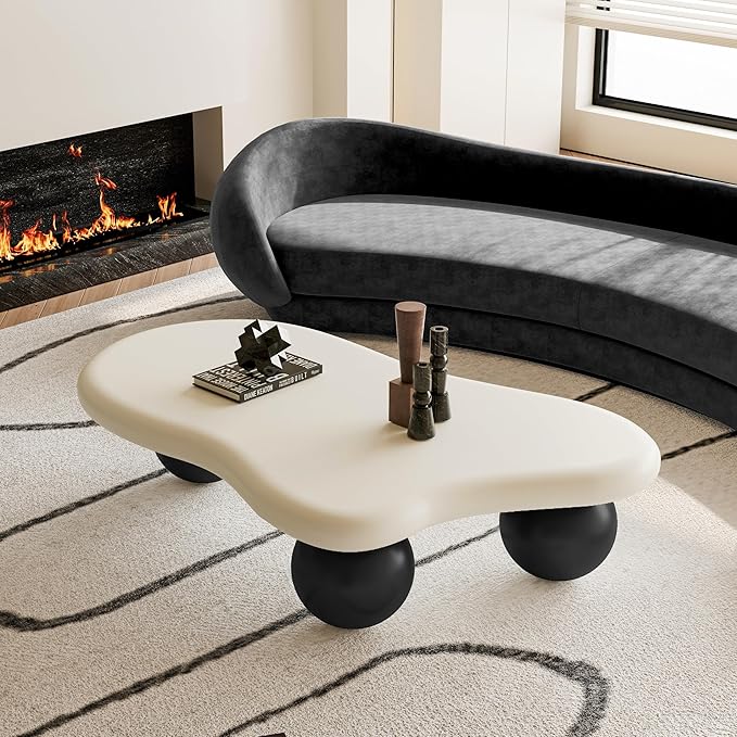 47" Modern Coffee Table Cloud Shape Low Center Table Cute Irregular Indoor Tea Table with 3 Ball Legs for Living Room Small Space