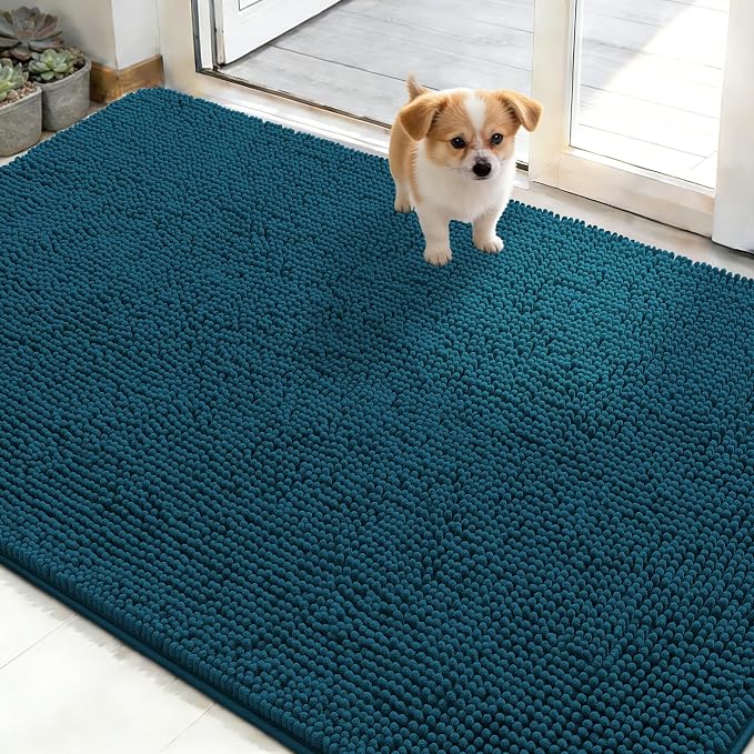 OLANLY Dog Door Mat for Muddy Paws 48x30, Absorbs Moisture and Dirt, Absorbent Non-Slip Washable Doormat, Quick Dry Chenille Mud Mat, Entry Indoor Entryway Carpet for Inside Floor, Atlantic Blue by OLANLY
