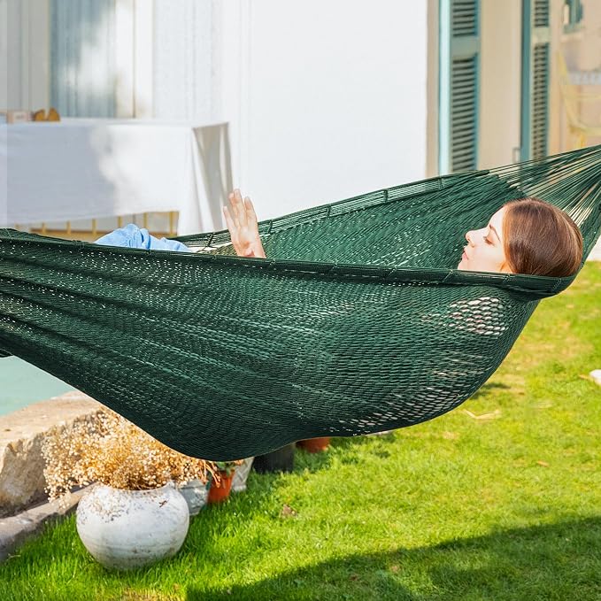 PNAEUT Handwoven Mayan Hammock, Thick Soft Rope Double Hammock for Outdoor Outside & Indoor, 600 lbs Capacity Heavy-Duty, Includes Tree Straps, Carabiners & Carrying Bag (Forest Green, X-Large) - Image 6
