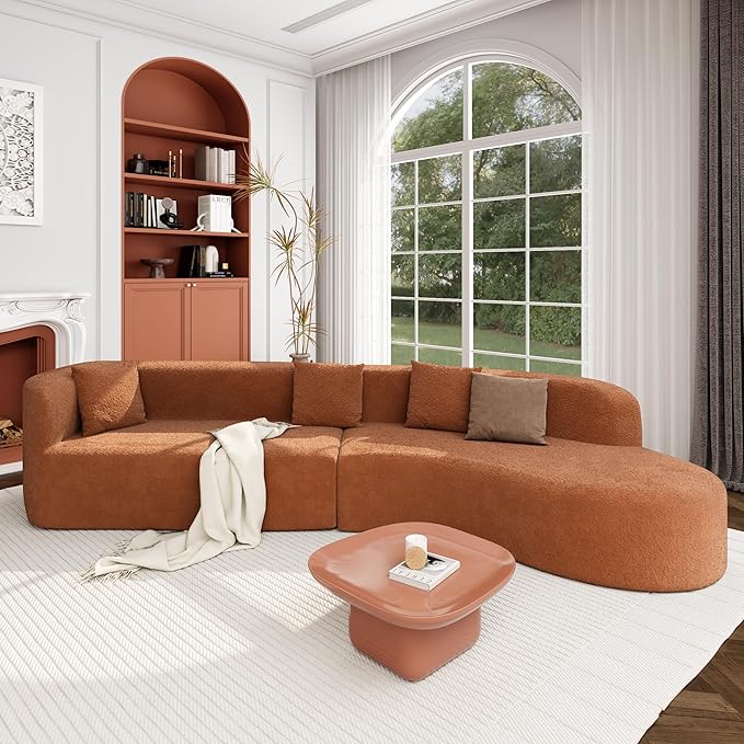 Merax Modern Minimalist Large 2-Piece Sectional Curved Chenille Sofa with 3 Pillows and High-Density Foam for Luxurious Comfort and Seamless, for Living Room, Bedroom, Orange