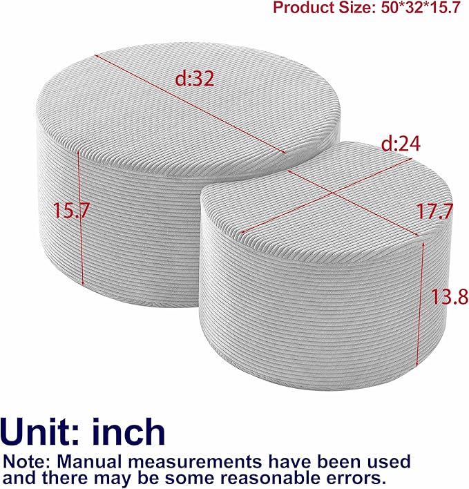 kevinplus 49.7'' Foam Round Nesting Coffee Table Set of 2, Modern Upholstered Side End Table Ottoman Footrest, No Assembly, Black