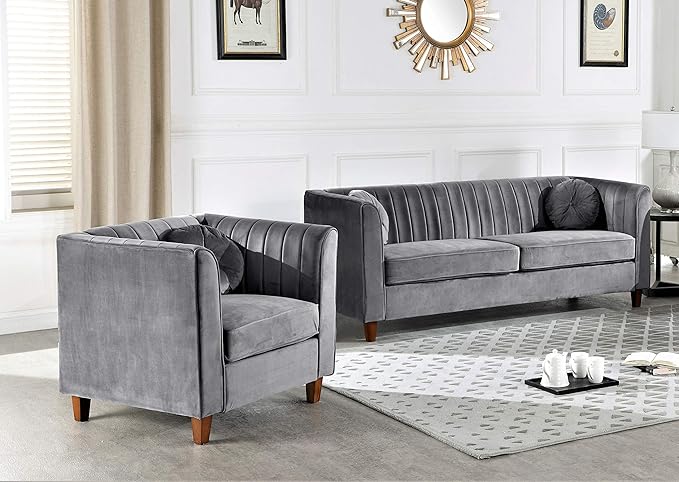 Arvilla Velvet Chair with Bolster Pillows, Soft Upholstery, Mid Century Modern Design, Chesterfield-Inspired Accent Armchair for Living Rooms, Silverish Grey