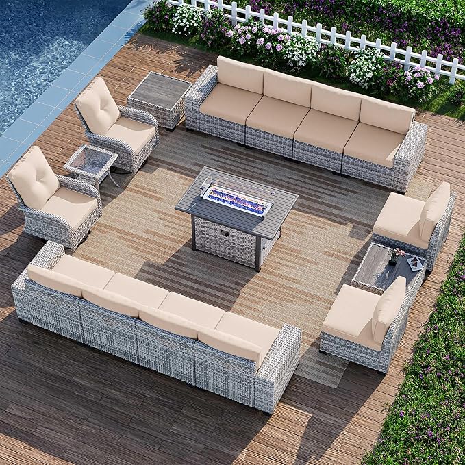 16-Piece Outdoor Patio Furniture Set with Rocking Swivel Chair, PE Wicker Rattan Sectional Sofa Patio Conversation Set with 55,000 BTU Fire Pit Table & Coffee Table, Beige