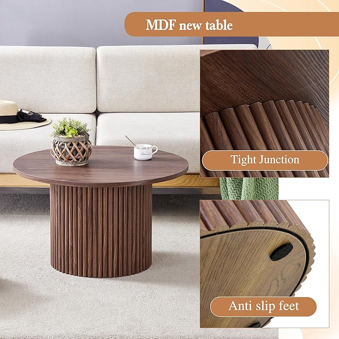 JUFU Round Coffee Table with Storage, 27.5IN Minimalist Fluted Coffee Table Circle Wood Center Table for Living Room (Walnut Coffee Table)
