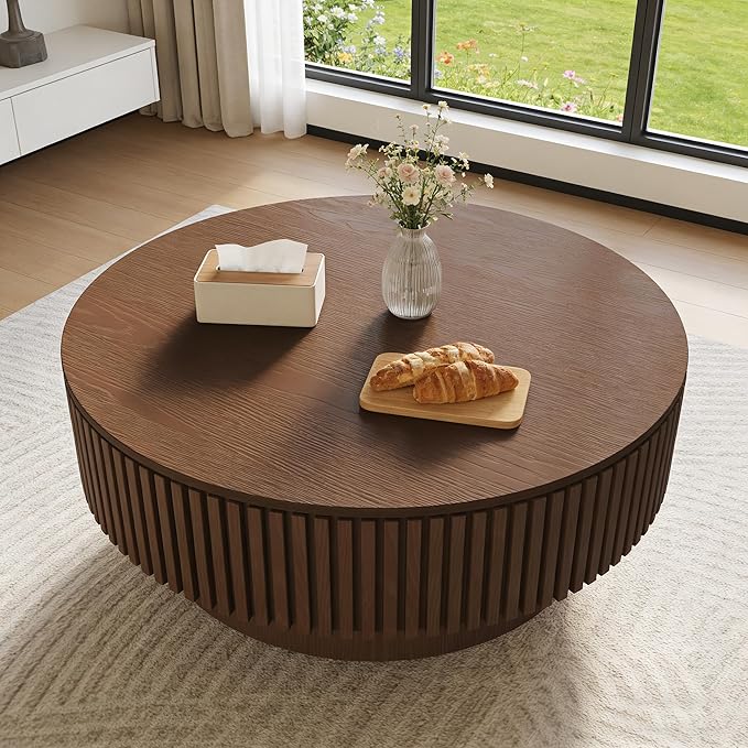 Round Coffee Table with Storage, Modern Fluted Wood Coffee Tables with Sturdy Base, 31.5" Drum Circle Center Tea Table for Living Room Apartment, Easy Assemble - Walnut