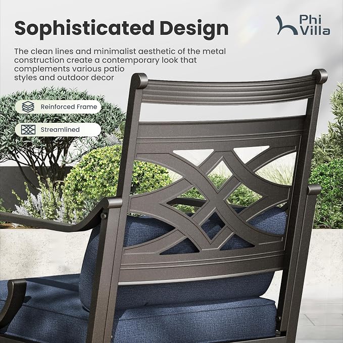 PHI VILLA 5 Pieces Outdoor Dining Set for 4, 42" Round Black Metal Table with Umbrella Hole & Wrought Iron Chairs, Large Outside Furniture with Blue Cushions & Pillows for Patio, Deck, Porch - Image 4