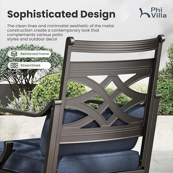 PHI VILLA 5 Pieces Outdoor Dining Set for 4, 37" Square Metal Table with Umbrella Hole & Wrought Iron Chairs, All Weather Large Outside Furniture with Blue Cushions & Pillows for Patio, Deck, Porch - Image 4