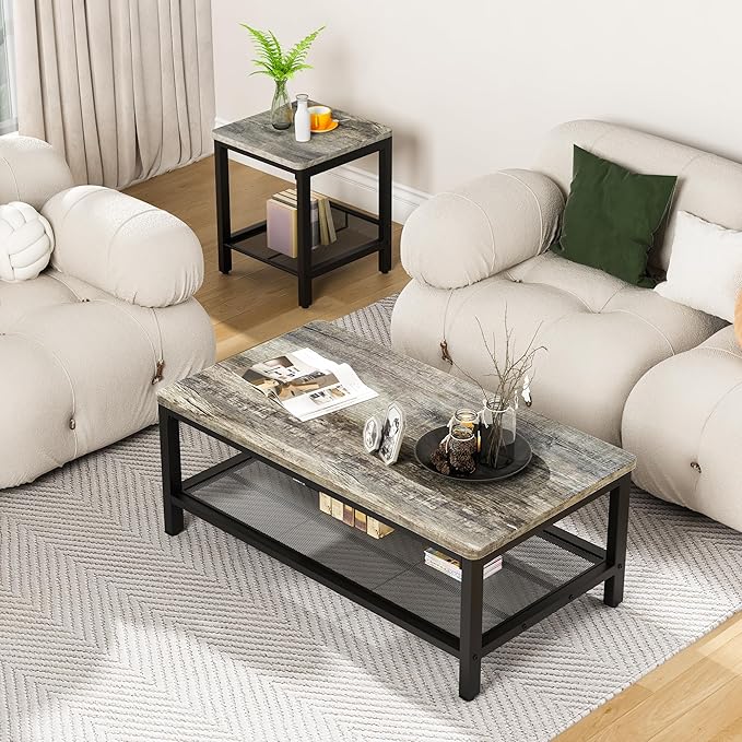 Lamerge 3 Pieces Living Room Table Set, Industrial Coffee Table with 2 Square End Side Tables, Coffee Table Set with Metal Frame for Apartment Home Office (Grey)