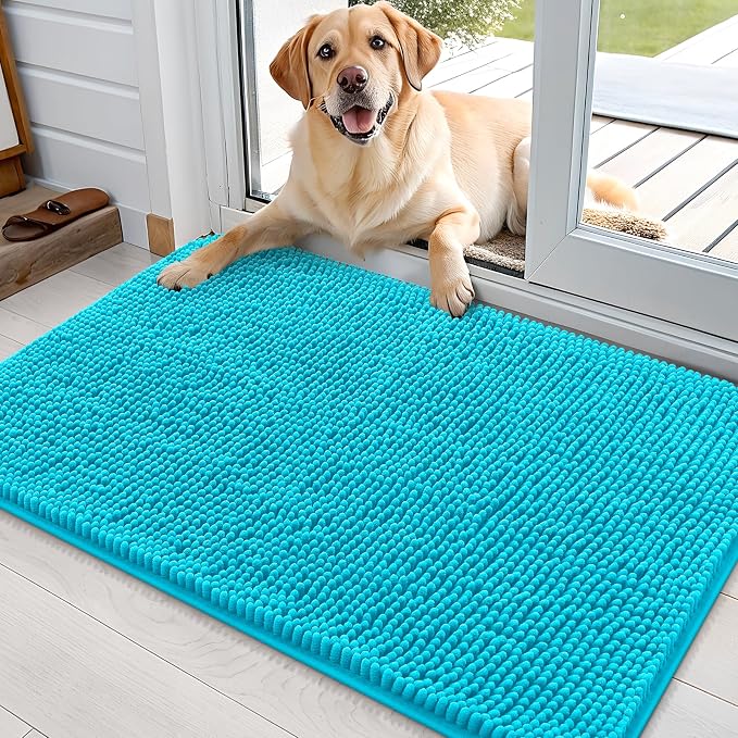 OLANLY Dog Door Mat for Muddy Paws 35x24, Absorbs Moisture and Dirt, Absorbent Non-Slip Washable Doormat, Quick Dry Chenille Mud Mat for Dogs, Entry Indoor Entryway Carpet for Inside Floor, Aqua Blue by OLANLY