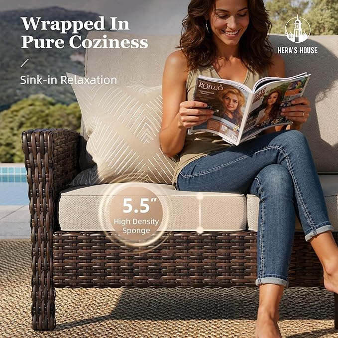 HERA'S HOUSE 8-Piece Outdoor Furniture Set with Fire Pit Table, Patio Conversation Set with 5.5" Thick Cushions & High Back Swivel Chairs, All-Weather Wicker Deep Seating Sofa with Ottomans, Beige