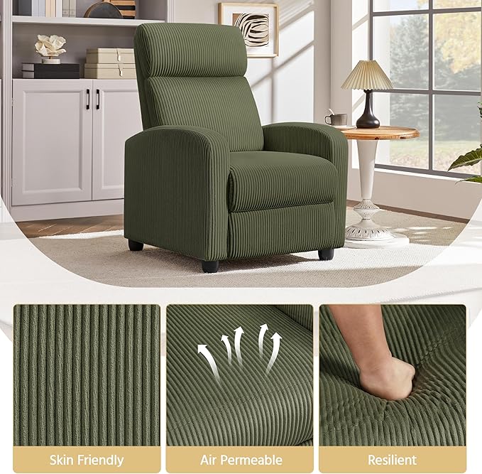 Topeakmart Corduroy Recliner Sofa Mid-Century Recliner Chair Single Reclining Chair Upholstered Sofa for Living Room Bedroom Home Theater Dark Green