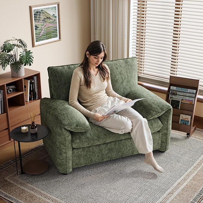 ONBRILL Oversized Accent Chair, 41 Inch Chenille Fabric Armchair, Comfy Single Sofa Chair with Padded Arms, Pocket Spring Cushion, Modern Reading Chair for Living Room, Bedroom, Green