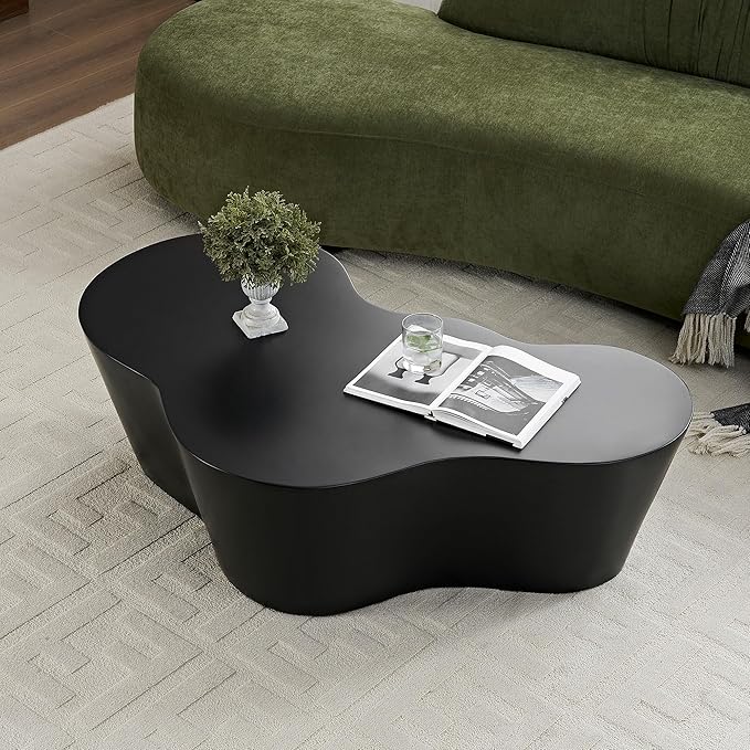 50" Coffee Table Modern Irregular Center Table Fiberglass Sturdy Table for Living Room, No Need Assembly Black
