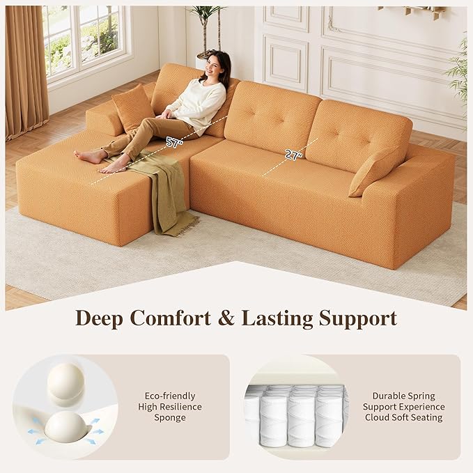 Ball & Cast 106" Cloud Sectional Couch, Compressed L-Shaped Sofa with Deep Seat Chaise, Boneless No Assembly Modular Couch, Foam & Spring Support, 2 Boxes (Left Facing, Chenille Orange)