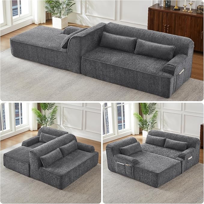 L-Shaped Sectional Sofa, Luxury Upholstered Chenille 3-Seater Sofa with Left Chaise Lounge & 3 Lumbar Pillows, Modern Comfy Oversized Couch with Side Pocket for Living Room, Apartment, Grey