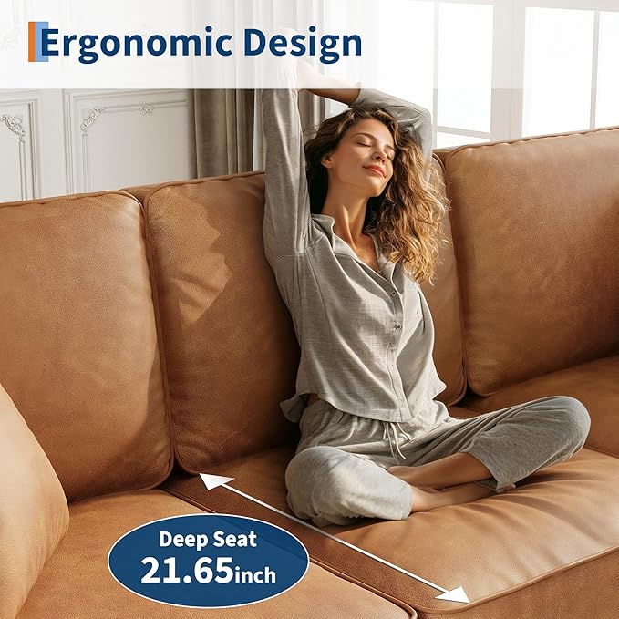 GarveeHome 3-Seater Sofa Couch with 2 Throw Pillows, 85 Inches Faux Leather Couch with Wide Armrests, Deep Seats, Wood Legs, Back Cushion, Sturdy Support Feet, Couches for Living Room, Office, Brown