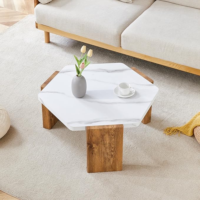 31 inch Modern Coffee Table Small Hexagon Marble Top and Wood Legs, Compact Living Room Coffee Table 250lbs Capacity, Quick Assembly Nordic Style
