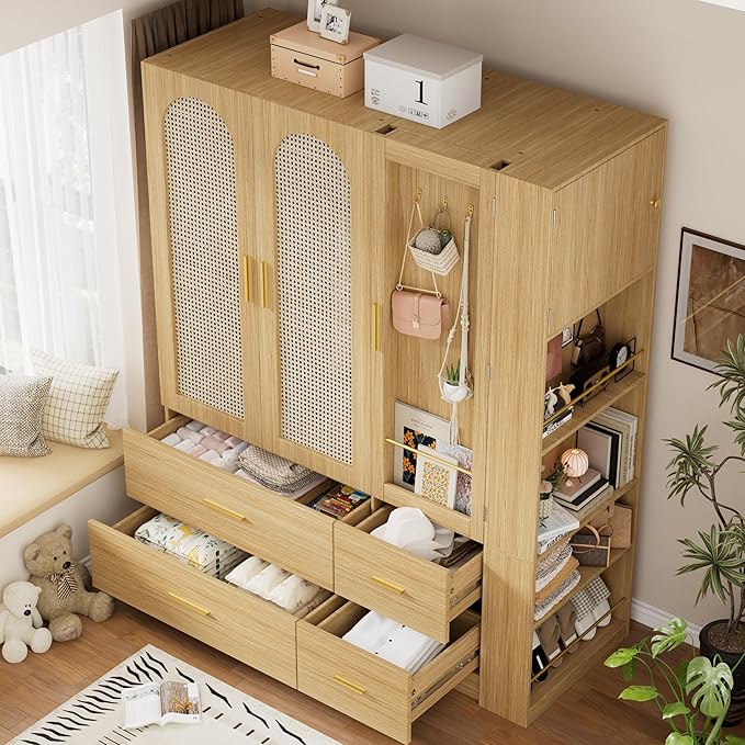 PAKASEPT 3 Doors Armoire Wardrobe Closet with Rattan,71'' Tall Freestanding Wooden Wardrobe Storage Cabinet for Bedroom with Hanging Rod,LED Vanity Mirror,Drawers,Clothes Hook,Open Shelves,Natural