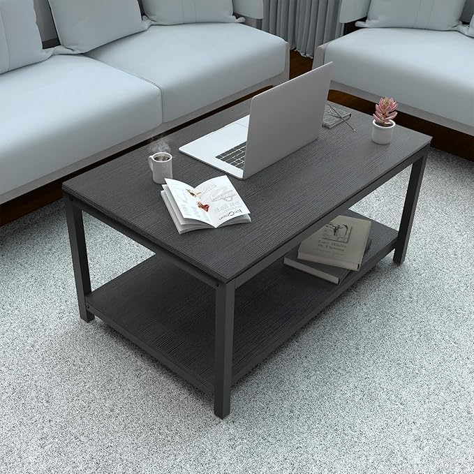 YSSOA 31x20x16 inch Home Table with Storage Shelf for Living Room and Office, Easy Assembly, Black, 2-Tier